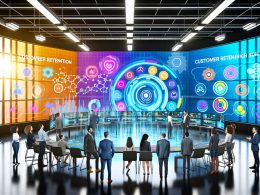 Visualisierung eines innovativen Kontrollraums für Kundenbindung mit Monitoren, Echtzeitdaten und einem Team aus Experten vor holografischen Diagrammen.