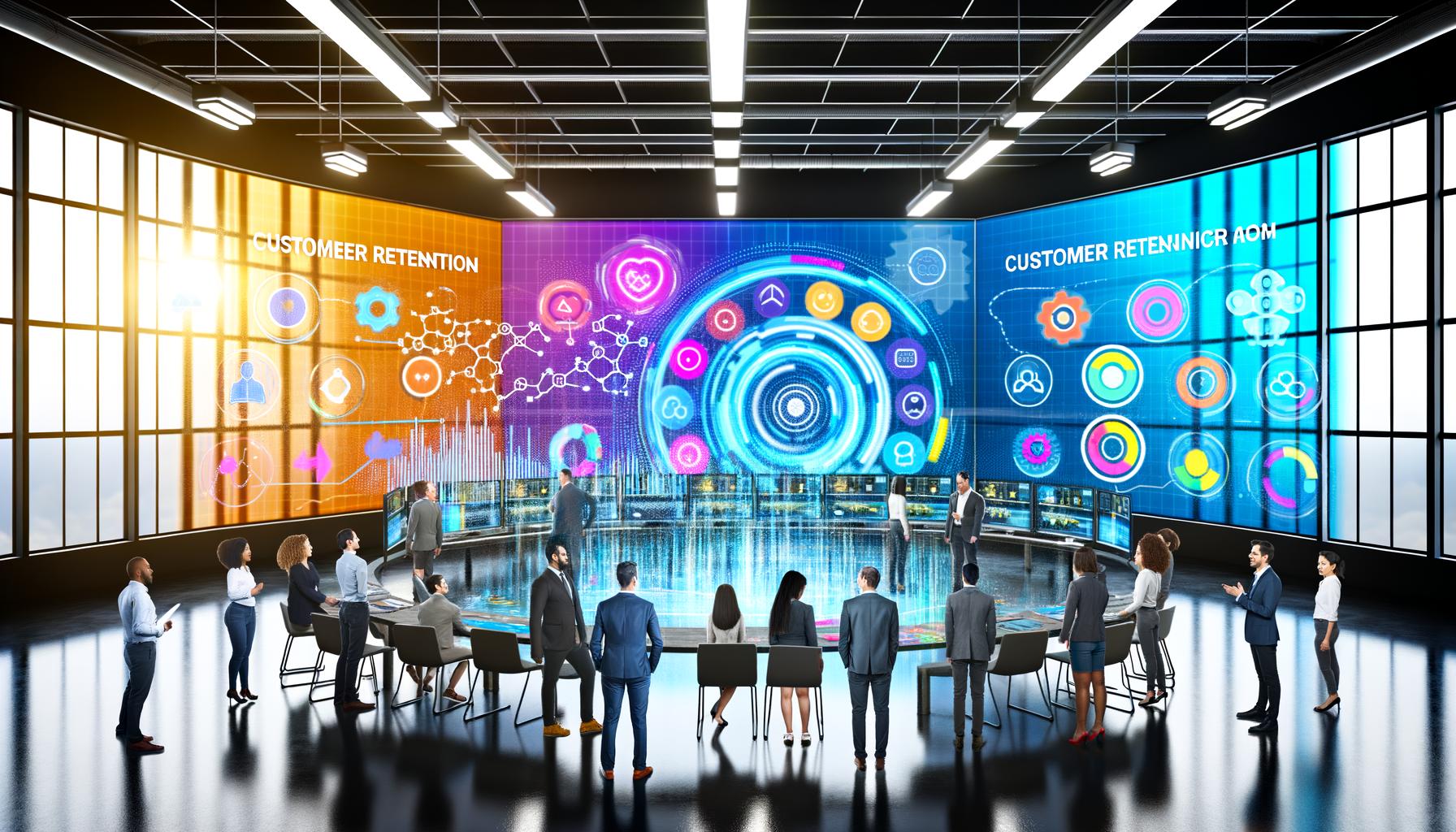 Visualisierung eines innovativen Kontrollraums für Kundenbindung mit Monitoren, Echtzeitdaten und einem Team aus Experten vor holografischen Diagrammen.