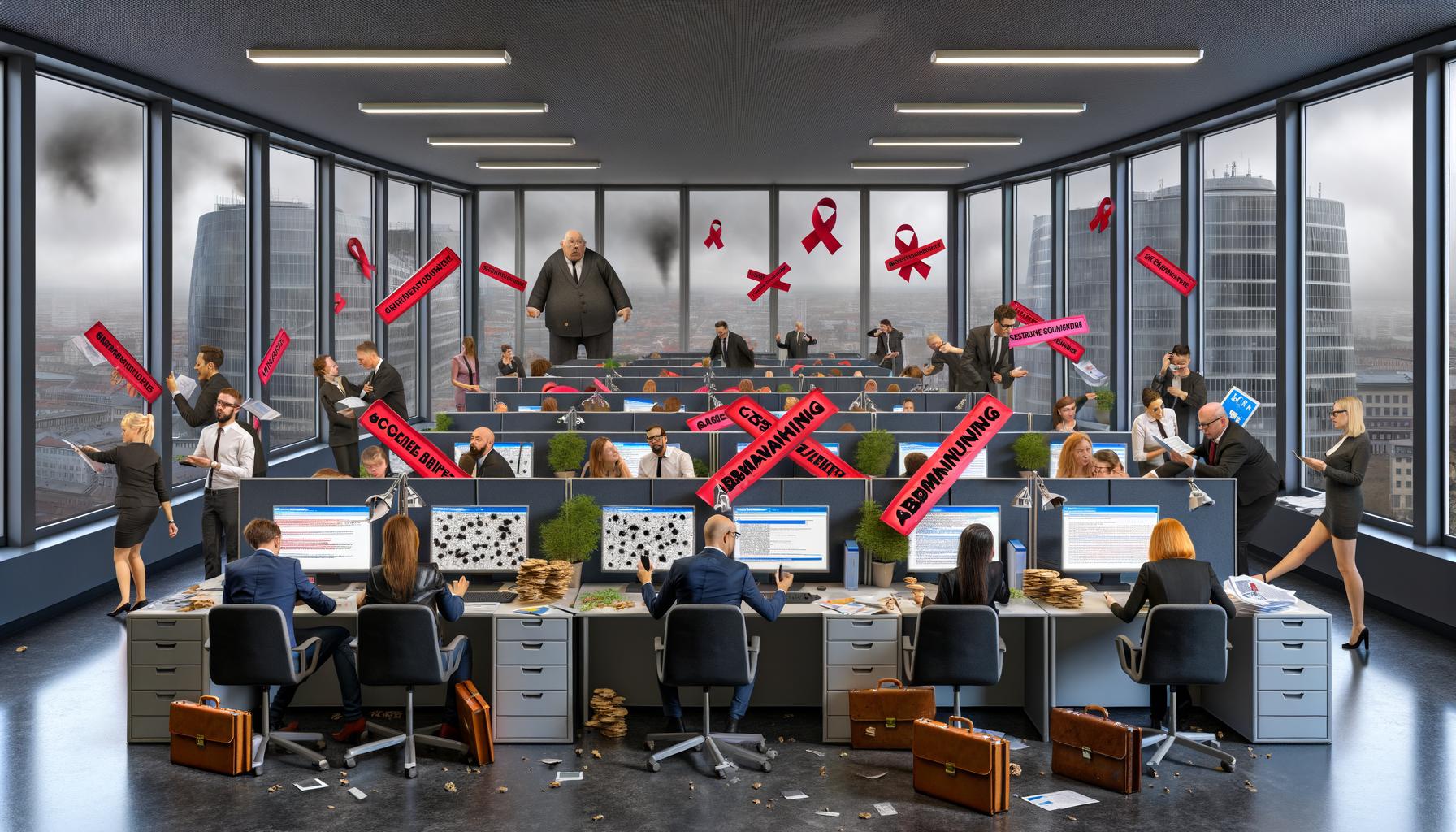 Chaotisches Büro voller Cookie-Banner, DSGVO-Rotlicht, gestresster Mitarbeiter und Abmahnung-stempelnden Bürokraten, mit ironischem Social-Media-Nutzer im Vordergrund.
