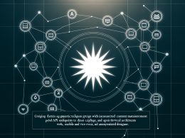 Digitale Blueprint-Grafik mit Strapi CMS-Logo im Mittelpunkt, verbunden mit API-Endpunkten und diversen Gerätetypen vor technischem, dunklem Hintergrund