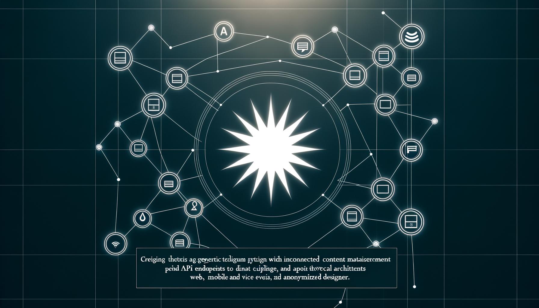 Digitale Blueprint-Grafik mit Strapi CMS-Logo im Mittelpunkt, verbunden mit API-Endpunkten und diversen Gerätetypen vor technischem, dunklem Hintergrund