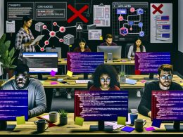 Digitales Marketingteam arbeitet konzentriert an mehreren Bildschirmen mit Tag Manager, Data Layer Inspector, und Warnsymbolen auf Diagrammen, flankiert von Post-its, Checklisten und Whiteboard voller Fehler-Markierungen.