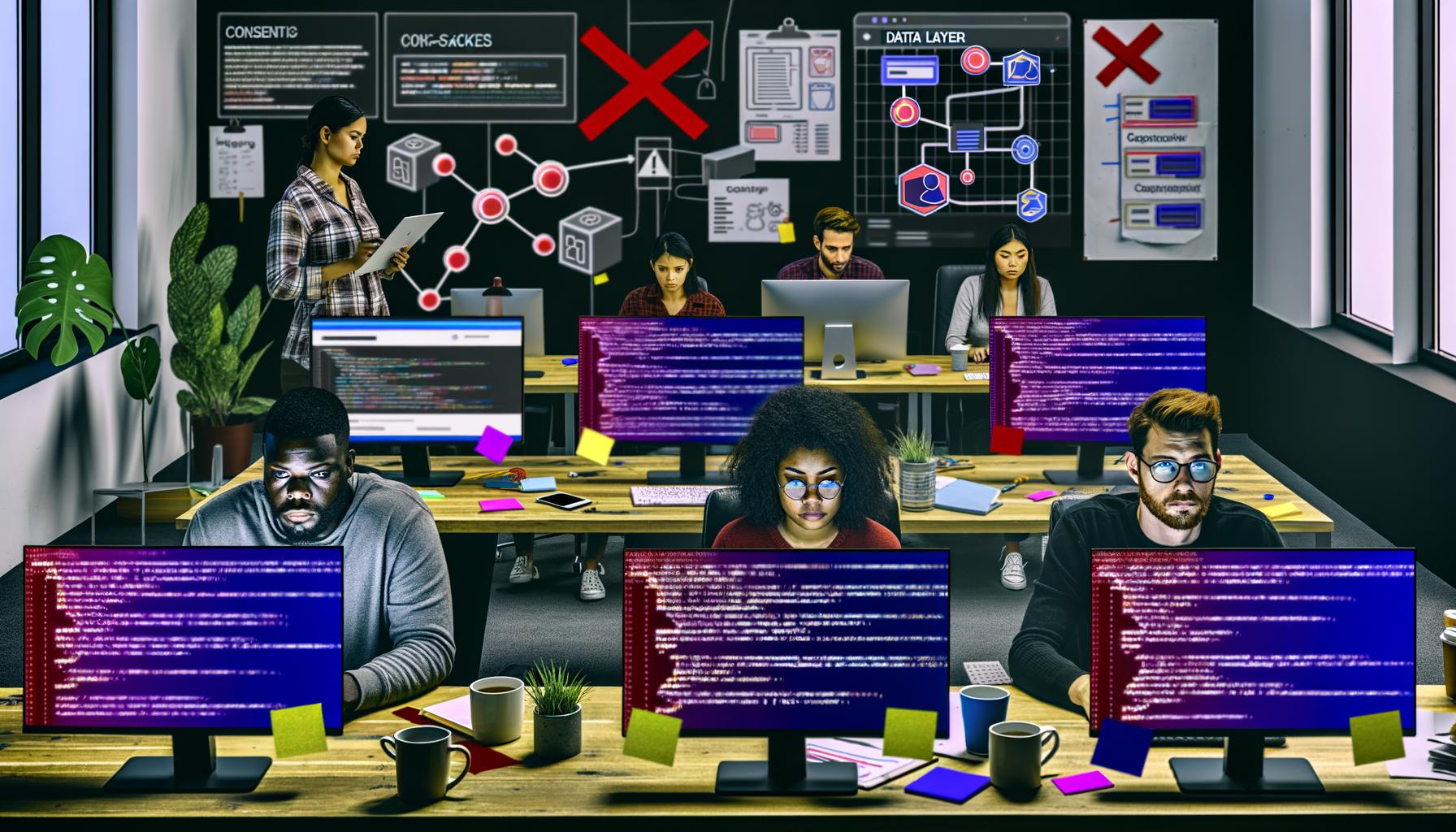 Digitales Marketingteam arbeitet konzentriert an mehreren Bildschirmen mit Tag Manager, Data Layer Inspector, und Warnsymbolen auf Diagrammen, flankiert von Post-its, Checklisten und Whiteboard voller Fehler-Markierungen.