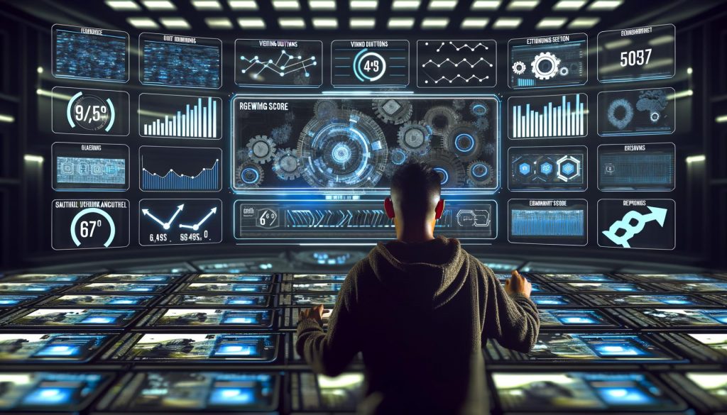 Digitaler Creator studiert Instagram Reels-Analytik in einer dunklen, technologischen Steuerzentrale mit Bildschirmen und Hologrammen.