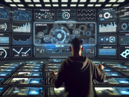 Digitaler Creator studiert Instagram Reels-Analytik in einer dunklen, technologischen Steuerzentrale mit Bildschirmen und Hologrammen.