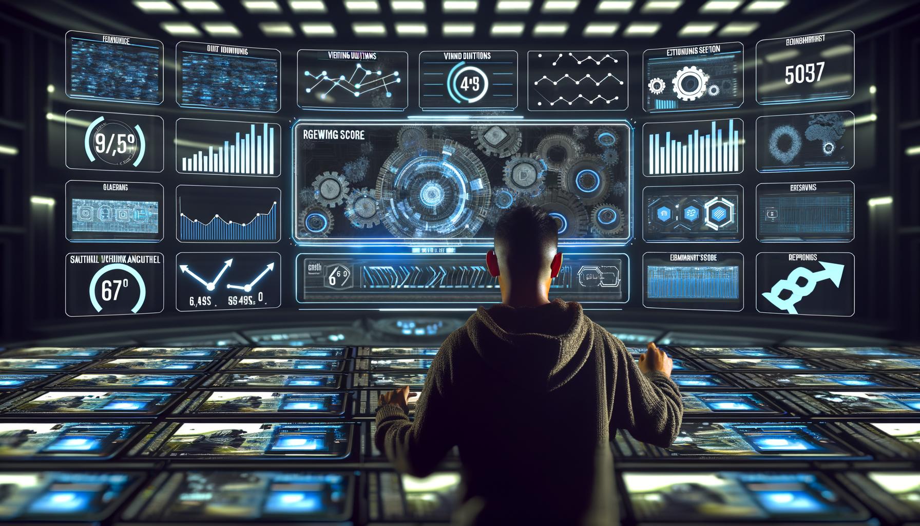 Digitaler Creator studiert Instagram Reels-Analytik in einer dunklen, technologischen Steuerzentrale mit Bildschirmen und Hologrammen.