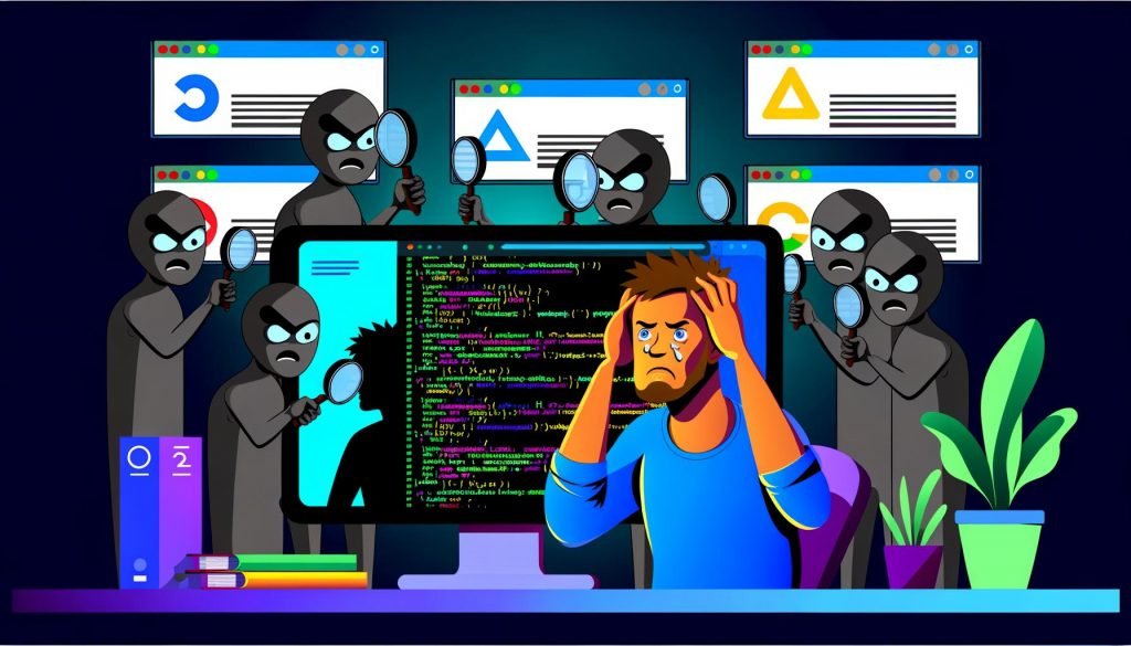 Illustration eines entwicklers vor Monitoren mit React-, Vue- und Angular-Logos, leeren Google-Rankings und Bots, die leere Webseiten prüfen. Im Hintergrund verblasst eine moderne Webanwendung.