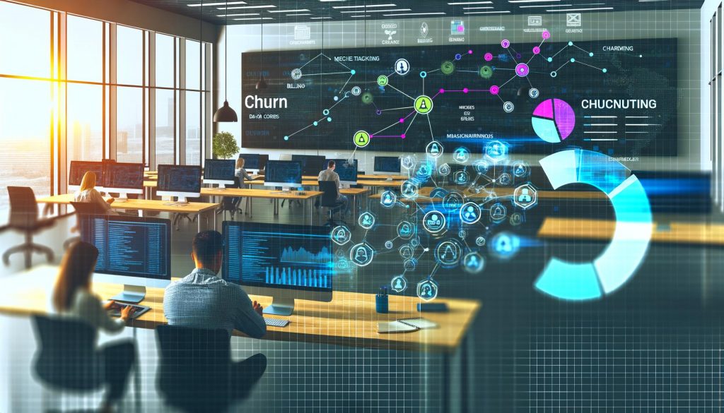 Zwei Mitarbeiter analysieren Churn-Raten und Machine-Learning-Diagramme an Laptops in einem modernen, digitalisierten Büro mit offenen Arbeitsplätzen, großen Bildschirmen und verbundenen Datenquellen im Hintergrund.