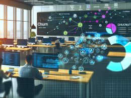 Zwei Mitarbeiter analysieren Churn-Raten und Machine-Learning-Diagramme an Laptops in einem modernen, digitalisierten Büro mit offenen Arbeitsplätzen, großen Bildschirmen und verbundenen Datenquellen im Hintergrund.