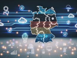Illustration einer digital vernetzten Deutschlandkarte mit KI-Symbolen und Industrie-Icons in Blau- und Grautönen.