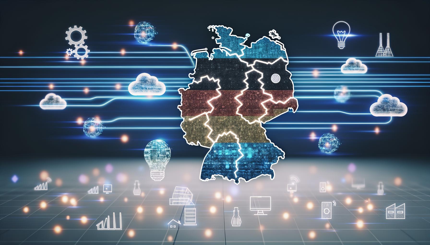 Illustration einer digital vernetzten Deutschlandkarte mit KI-Symbolen und Industrie-Icons in Blau- und Grautönen.