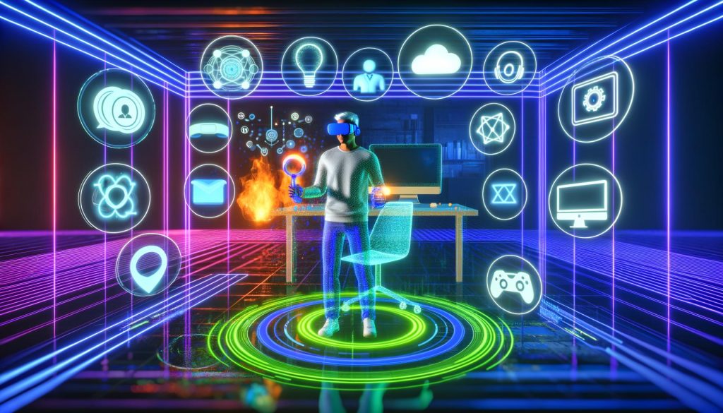 Zentrale Person mit VR-Headset und AR-Handschuhen im futuristischen XR-Marketing-Labor, umgeben von Hologrammen, Produktmodellen, Datenströmen und Symbolen für VR, AR und Mixed Reality in neonleuchtender Umgebung.