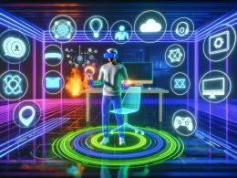 Zentrale Person mit VR-Headset und AR-Handschuhen im futuristischen XR-Marketing-Labor, umgeben von Hologrammen, Produktmodellen, Datenströmen und Symbolen für VR, AR und Mixed Reality in neonleuchtender Umgebung.