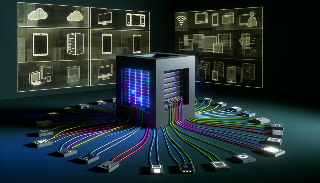 Illustration eines modernen Serverraums mit farbigen Kabeln als API-Endpunkte, Headless CMS Würfel mit Content-Streams zu verschiedenen Endgeräten, im Hintergrund ausgegraute Monolithen-CMS-Symbole.