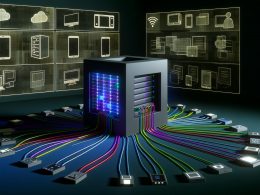 Illustration eines modernen Serverraums mit farbigen Kabeln als API-Endpunkte, Headless CMS Würfel mit Content-Streams zu verschiedenen Endgeräten, im Hintergrund ausgegraute Monolithen-CMS-Symbole.