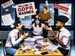 Überladener Büroschreibtisch mit Papieren, DSGVO-Richtlinien, USB-Sticks; genervte Marketerin, ratloser ITler und bürokratischer Datenschutzbeauftragter diskutieren heftig, im Hintergrund ein Schild mit ‚Willkommen im DSGVO-Irrsinn‘.