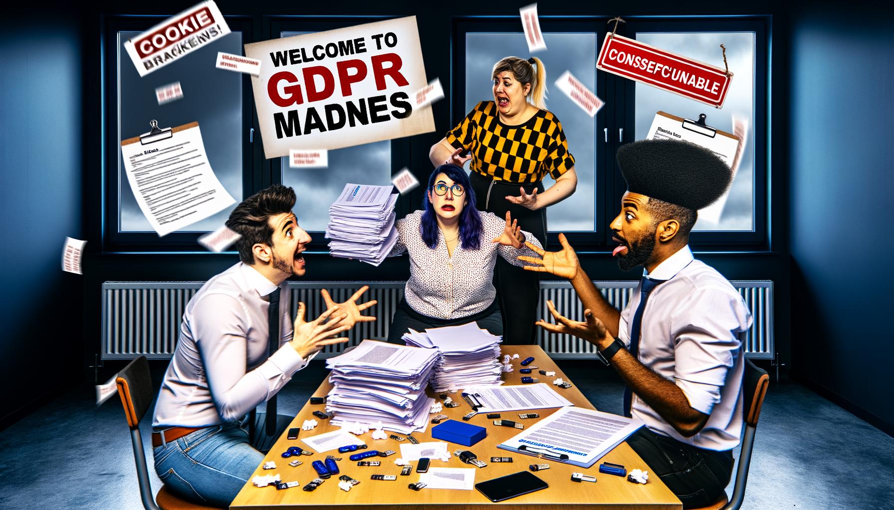 Überladener Büroschreibtisch mit Papieren, DSGVO-Richtlinien, USB-Sticks; genervte Marketerin, ratloser ITler und bürokratischer Datenschutzbeauftragter diskutieren heftig, im Hintergrund ein Schild mit ‚Willkommen im DSGVO-Irrsinn‘.