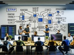 Team von Entwicklern und Tech-Leads arbeitet gemeinsam an Strapi-CMS-Architektur, bespricht API-Security, Content-Types und SEO auf Whiteboards und großen Monitoren.