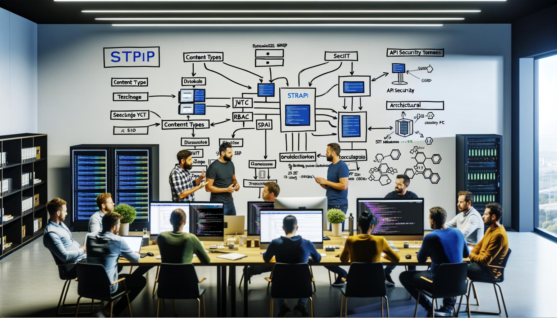 Team von Entwicklern und Tech-Leads arbeitet gemeinsam an Strapi-CMS-Architektur, bespricht API-Security, Content-Types und SEO auf Whiteboards und großen Monitoren.
