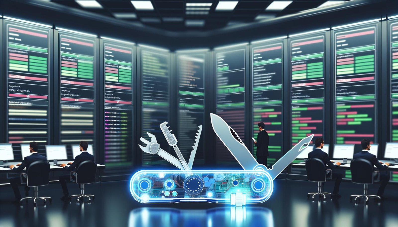 Futuristischer Serverraum mit Marketern und Datenanalysten vor digitalen Tag-Manager-Dashboards, verbunden durch bunte Linien, im Vordergrund ein leuchtendes digitales Schweizer Taschenmesser.