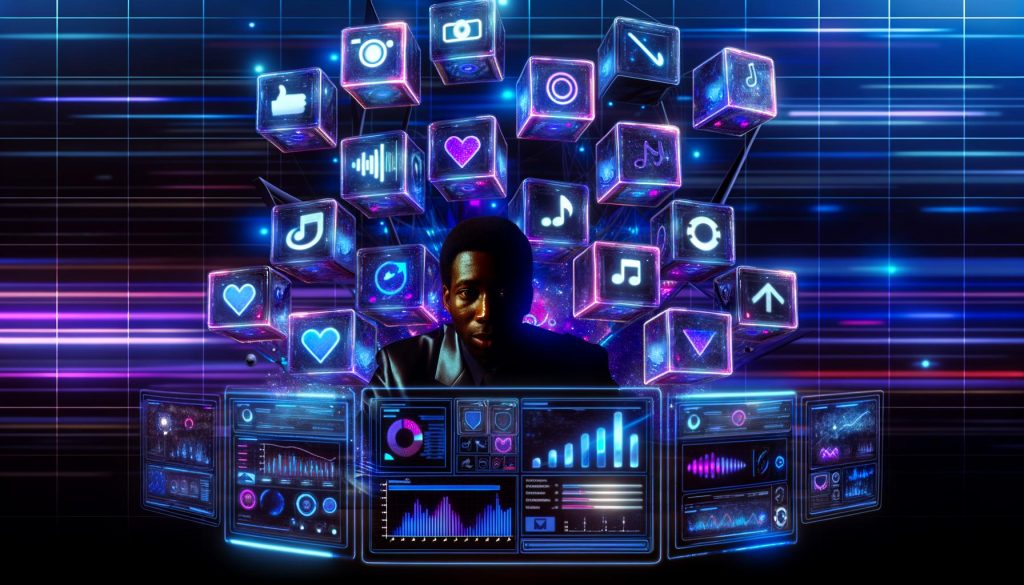 Person in Kontrollraum analysiert Social Media Trenddaten und Reels auf mehreren Monitoren mit Instagram und TikTok Symbolen.