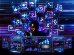 Person in Kontrollraum analysiert Social Media Trenddaten und Reels auf mehreren Monitoren mit Instagram und TikTok Symbolen.