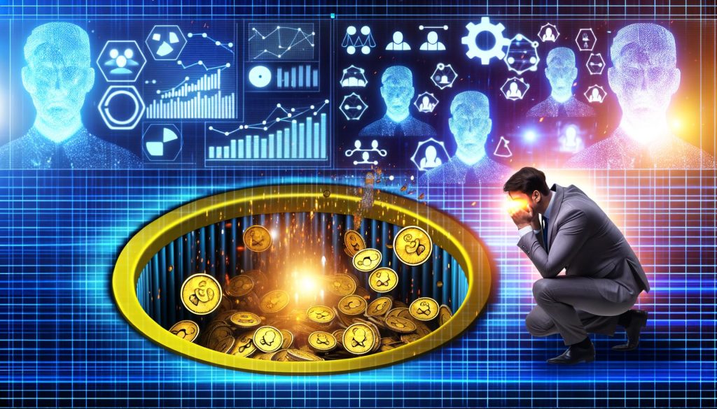 Stilisierte Illustration eines gestressten Marketing-Managers, der eine Abflussrinne mit verschwindenden Münzen und Kunden-Avataren betrachtet; im Hintergrund unscharfe Datenvisualisierungen und Machine-Learning-Icons.