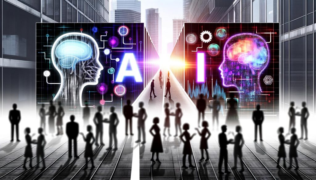 Marketing-Professionals nutzen XR-Technologien wie VR, AR und Hologramme in einem futuristischen Büro mit schwebenden digitalen Elementen und dynamischer Beleuchtung.