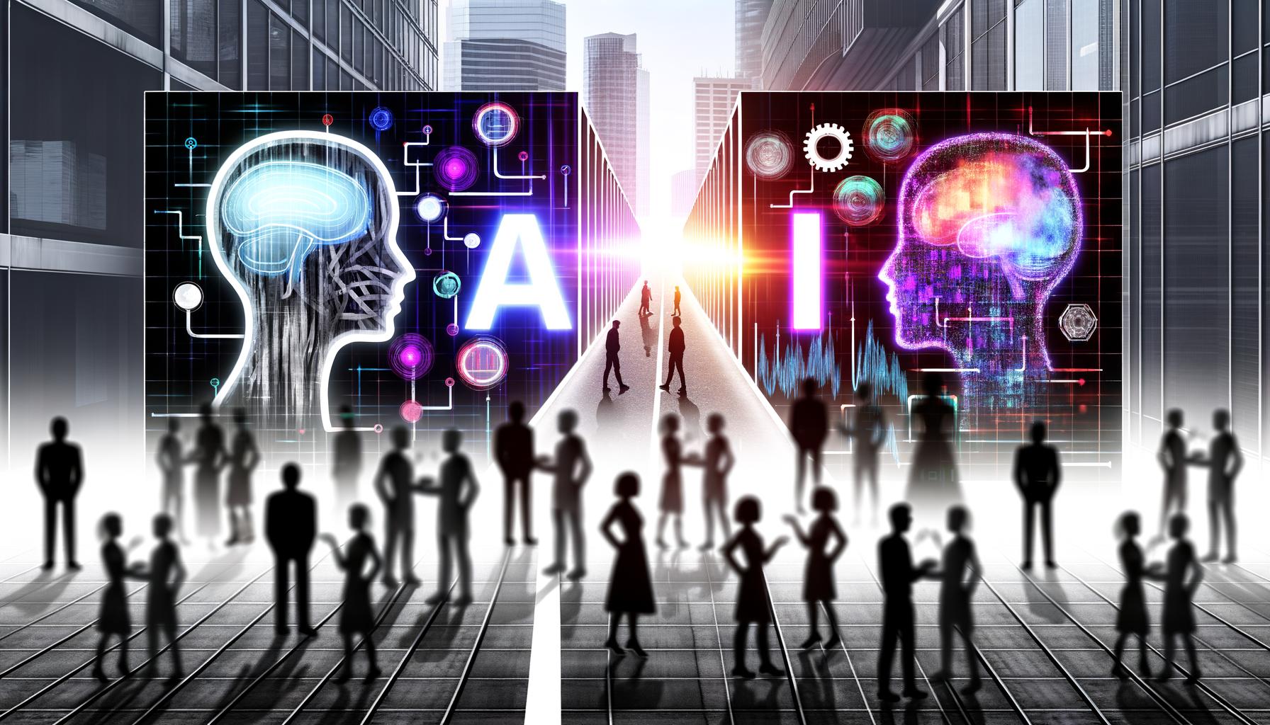 Marketing-Professionals nutzen XR-Technologien wie VR, AR und Hologramme in einem futuristischen Büro mit schwebenden digitalen Elementen und dynamischer Beleuchtung.