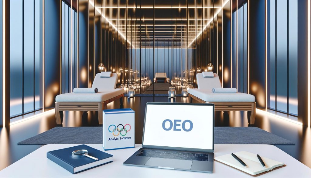 Modernes Spa-Interieur mit gläserner Fassade, Massageliegen und einem Laptop mit geöffneter SEO-Analyse-Software auf einem Tisch, daneben Notizblock und Stift.