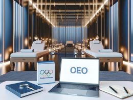 Modernes Spa-Interieur mit gläserner Fassade, Massageliegen und einem Laptop mit geöffneter SEO-Analyse-Software auf einem Tisch, daneben Notizblock und Stift.