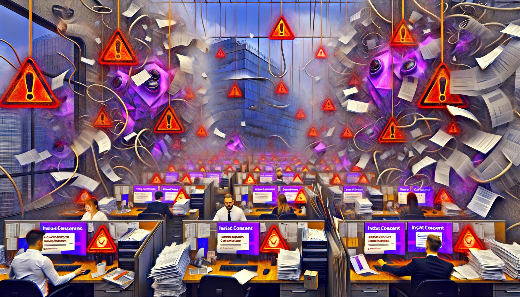 Surreale Szene in einem chaotischen Büro mit gestressten Marketern, Papierstapeln, Cookie-Bannern, Warnmeldungen und einer übergroßen DSGVO-Figur im Hintergrund.