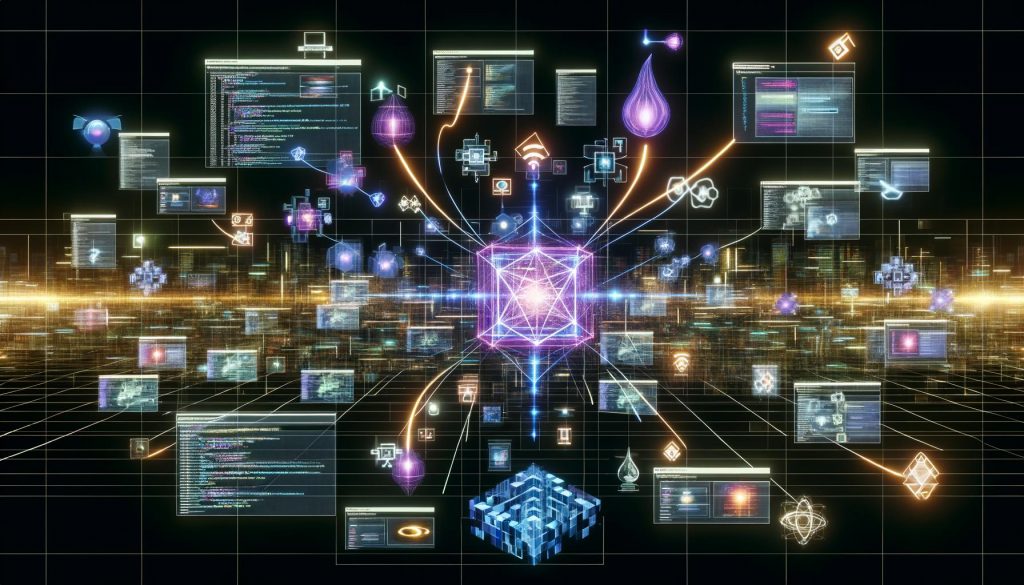 Hypermoderner digitaler Arbeitsplatz mit dynamischen Bildschirmen, Headless CMS-Knoten, holografischen API-Verbindungen zu Smartphones, Tablets, Smartwatches, Sprachassistenten, automatisierten Roboterarmen und Microservices.