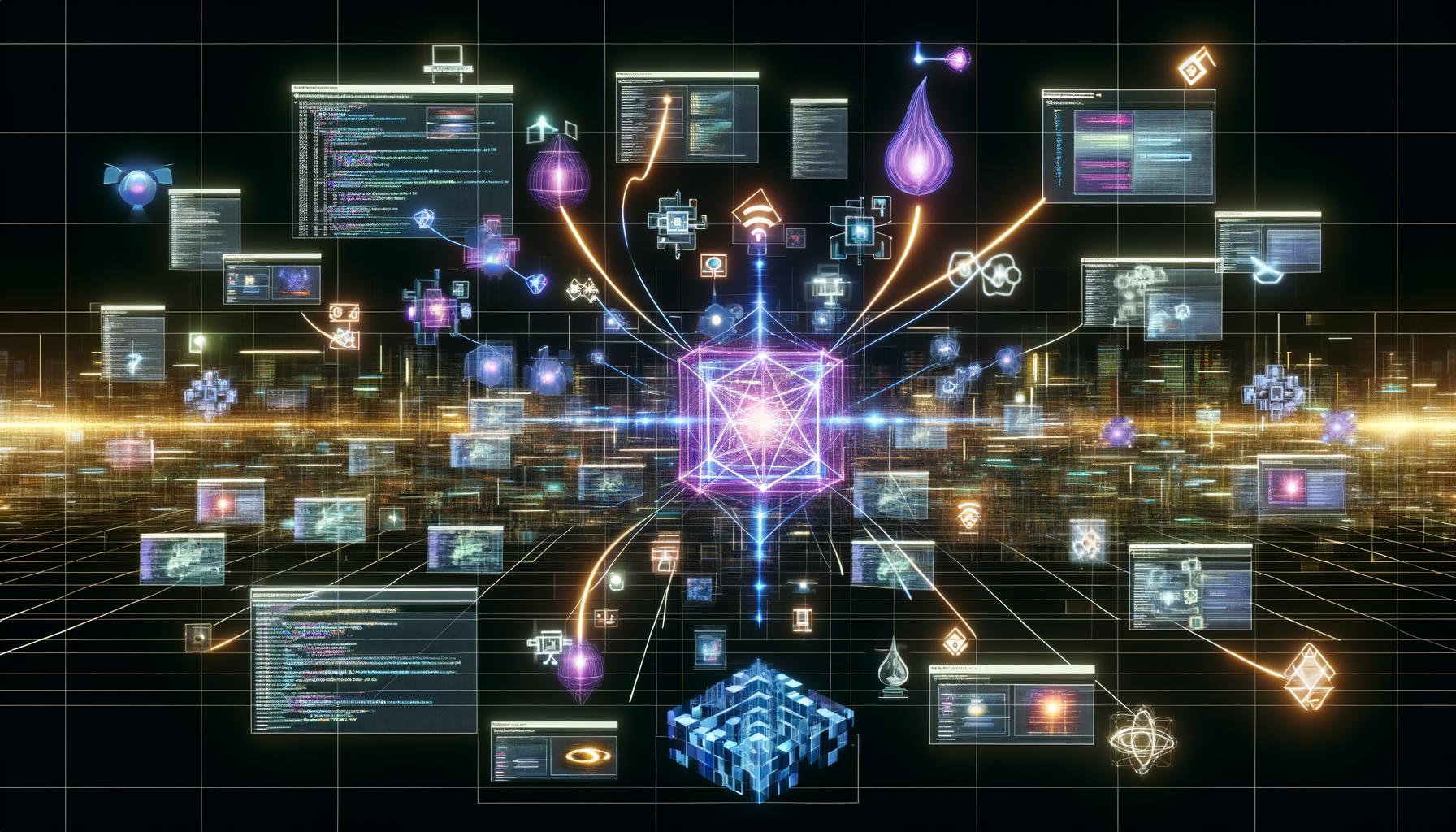 Hypermoderner digitaler Arbeitsplatz mit dynamischen Bildschirmen, Headless CMS-Knoten, holografischen API-Verbindungen zu Smartphones, Tablets, Smartwatches, Sprachassistenten, automatisierten Roboterarmen und Microservices.