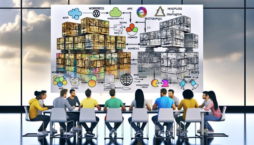 Diverses Entwicklerteam arbeitet kollaborativ in moderner Umgebung an Strapi CMS, Node.js und Headless-Architekturen, während alte CMS-Systeme im Hintergrund verblassen.