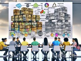 Diverses Entwicklerteam arbeitet kollaborativ in moderner Umgebung an Strapi CMS, Node.js und Headless-Architekturen, während alte CMS-Systeme im Hintergrund verblassen.