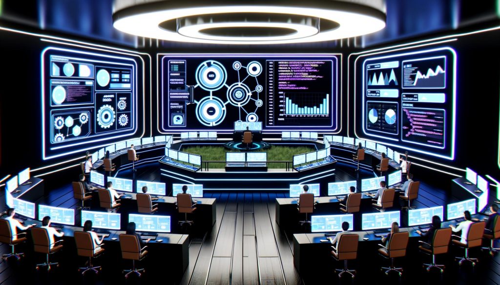 Futuristischer Marketing-Kontrollraum mit zahlreichen digitalen Dashboards, holografischen Interfaces und Marketingexperten, die SEO-Metriken und Datenflüsse in einem modernen Büro 2025 überwachen.