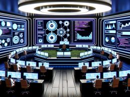 Futuristischer Marketing-Kontrollraum mit zahlreichen digitalen Dashboards, holografischen Interfaces und Marketingexperten, die SEO-Metriken und Datenflüsse in einem modernen Büro 2025 überwachen.