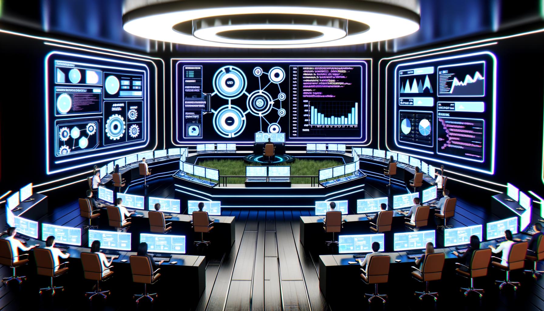 Futuristischer Marketing-Kontrollraum mit zahlreichen digitalen Dashboards, holografischen Interfaces und Marketingexperten, die SEO-Metriken und Datenflüsse in einem modernen Büro 2025 überwachen.