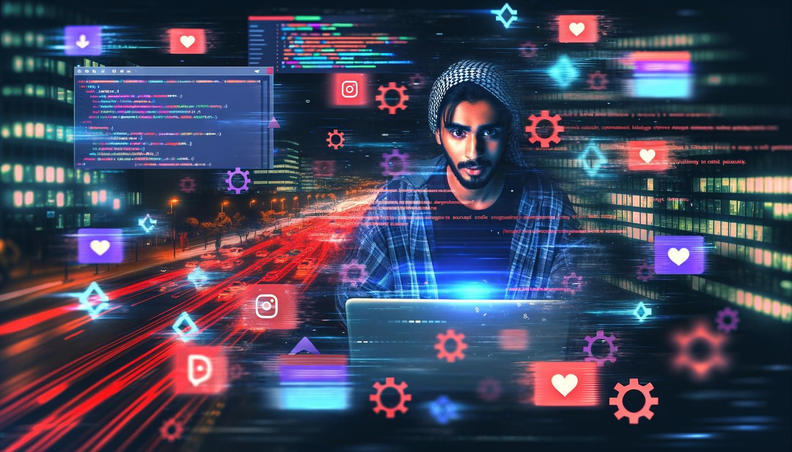 Junger Mann arbeitet am Laptop, umgeben von schwebenden Social-Media-Icons, Error-Meldungen und bunten Analytics-Grafiken vor urbaner Nachtkulisse.