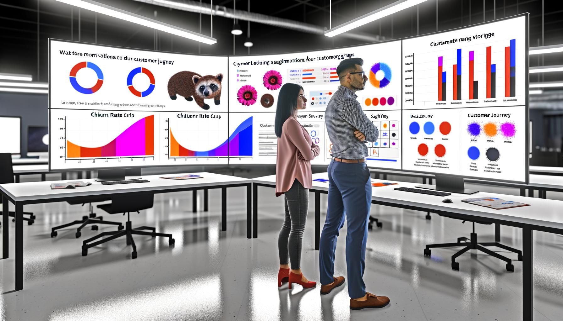 Marketing-Profis analysieren im modernen Büro an Monitoren Churn-Rate-Kurven und Datenvisualisierungen, umgeben von Whiteboards mit Skizzen zu Datenquellen und Modell-Workflows.