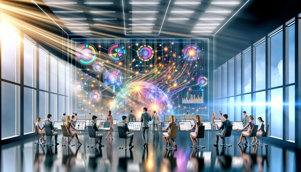 Modernes Büro mit digitalen Hologrammen, transparenten Bildschirmen, Marketers und KI-Algorithmen als zukunftsweisende Online-Marketing-Szene.