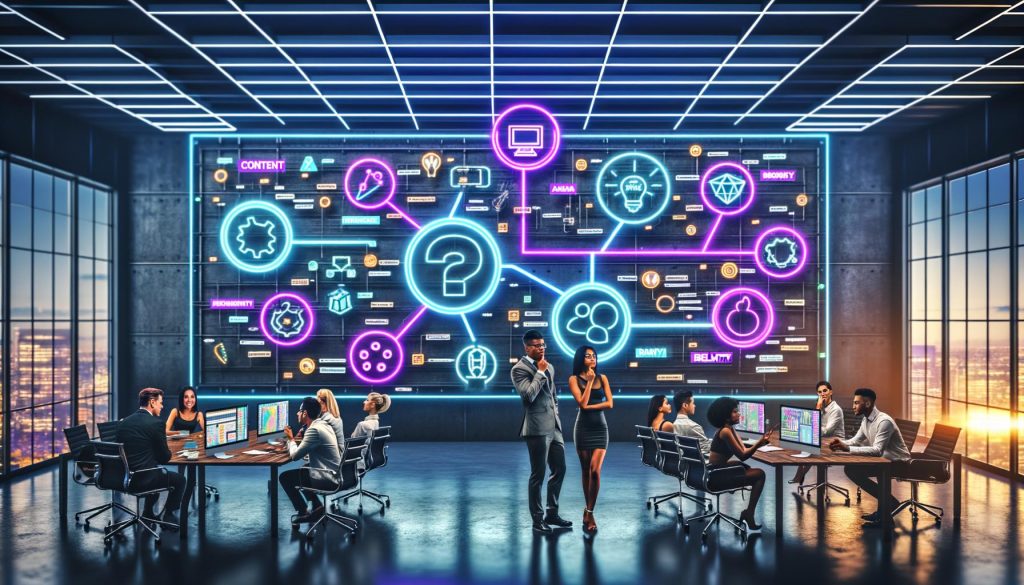 Marketingteam arbeitet in futuristischem Büro an einer riesigen, holografischen Anzeige mit AR-, VR-, MR-Elementen, digitalen Endgeräten und neonbeleuchteter, hochwertiger Atmosphäre.