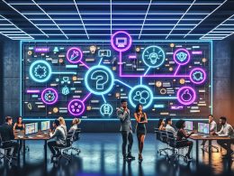 Marketingteam arbeitet in futuristischem Büro an einer riesigen, holografischen Anzeige mit AR-, VR-, MR-Elementen, digitalen Endgeräten und neonbeleuchteter, hochwertiger Atmosphäre.