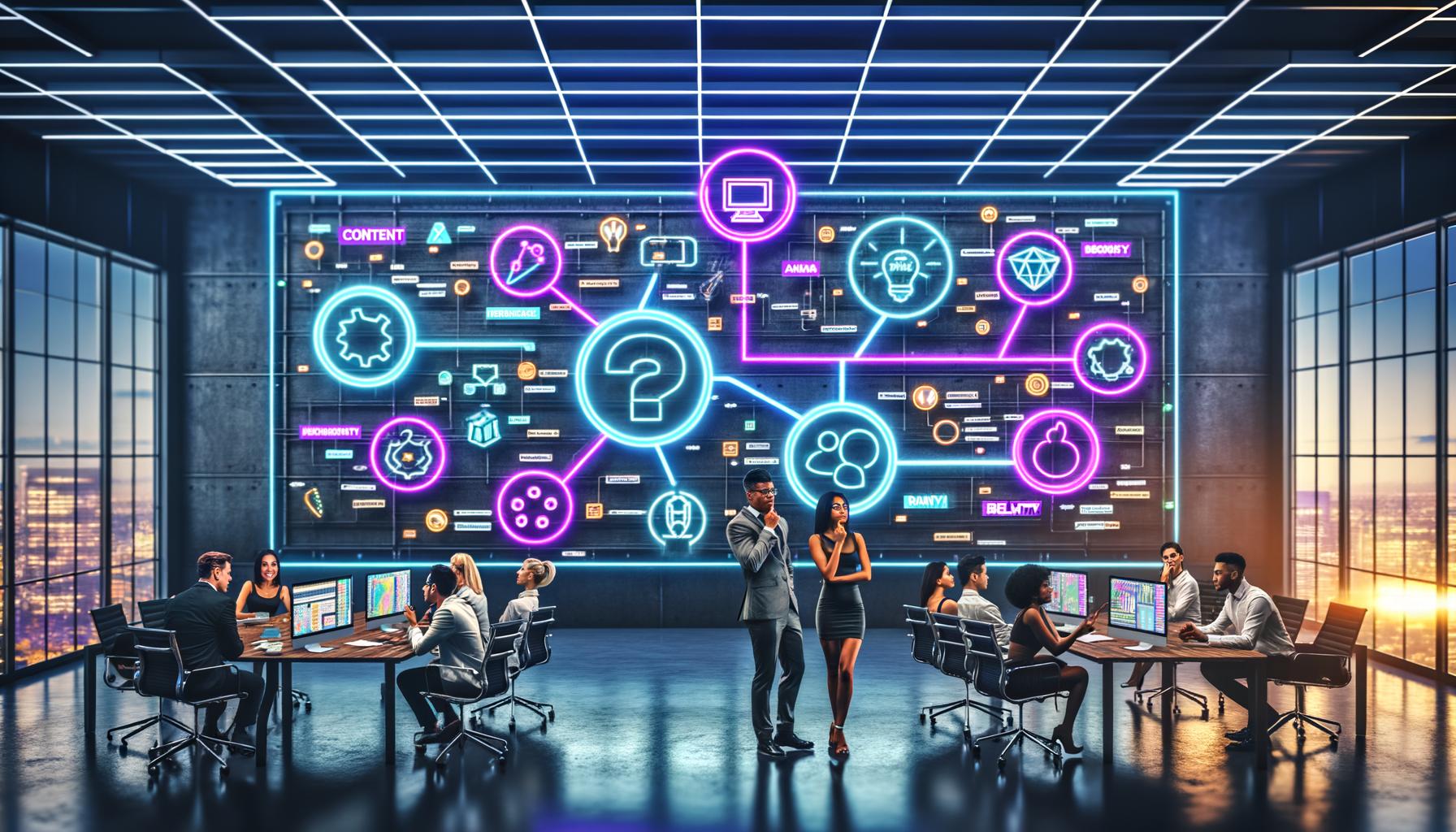 Marketingteam arbeitet in futuristischem Büro an einer riesigen, holografischen Anzeige mit AR-, VR-, MR-Elementen, digitalen Endgeräten und neonbeleuchteter, hochwertiger Atmosphäre.