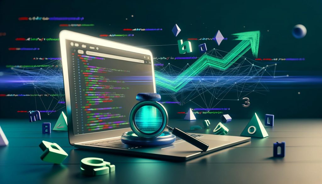 Moderner Arbeitsplatz mit Laptop, Vue.js Interface, SEO-Symbolen und technischen SEO-Grafiken im Hintergrund.