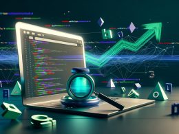 Moderner Arbeitsplatz mit Laptop, Vue.js Interface, SEO-Symbolen und technischen SEO-Grafiken im Hintergrund.