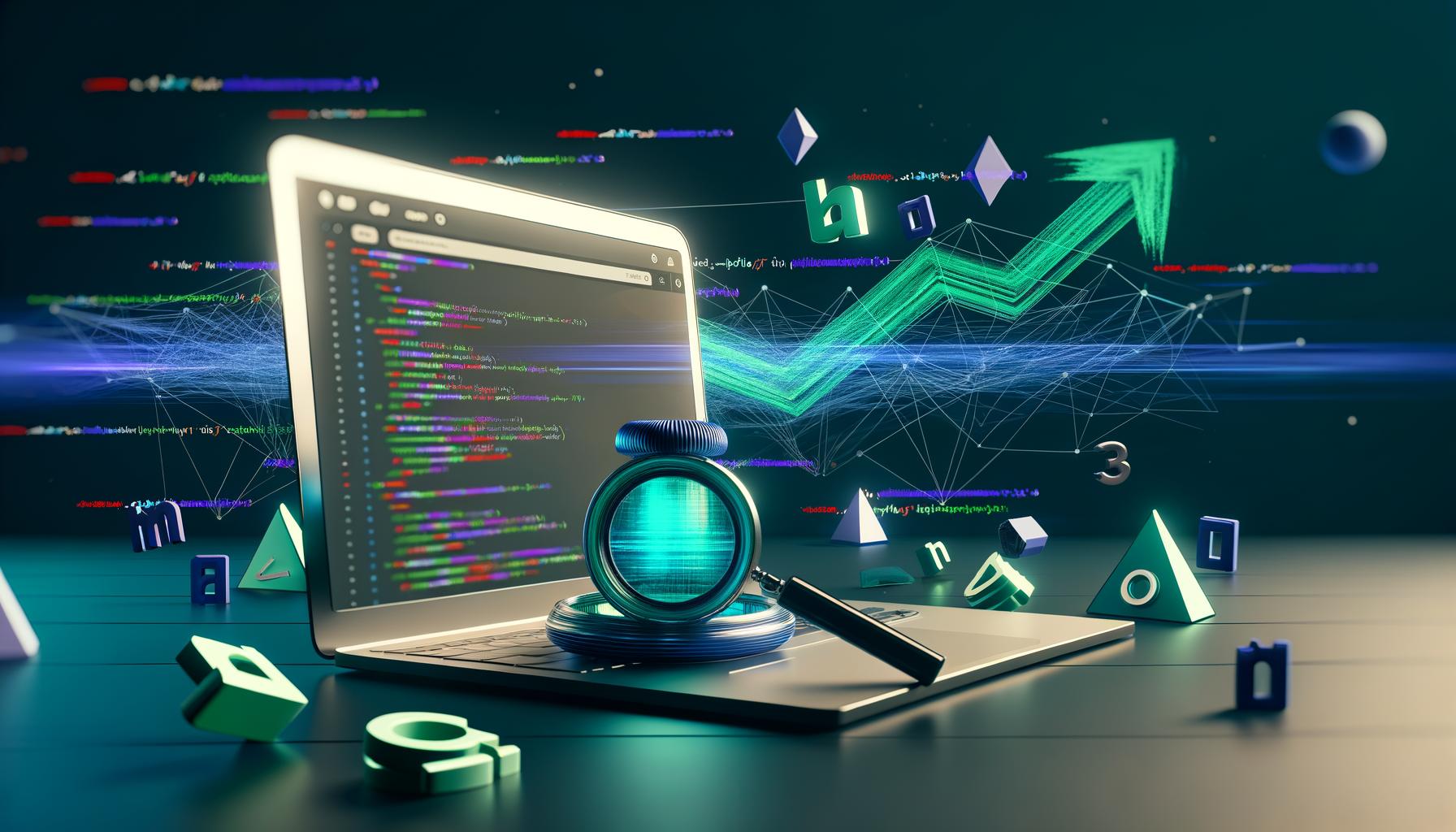 Moderner Arbeitsplatz mit Laptop, Vue.js Interface, SEO-Symbolen und technischen SEO-Grafiken im Hintergrund.