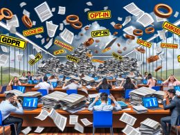 Frustrierte Marketing-Profis in einem chaotischen Großraumbüro voller Papierstapel, Laptops mit Cookie-Bannern, juristischer Literatur und Warnschildern zu DSGVO, Opt-in und Abmahnung vor einem lückenhaften Analytics-Dashboard.