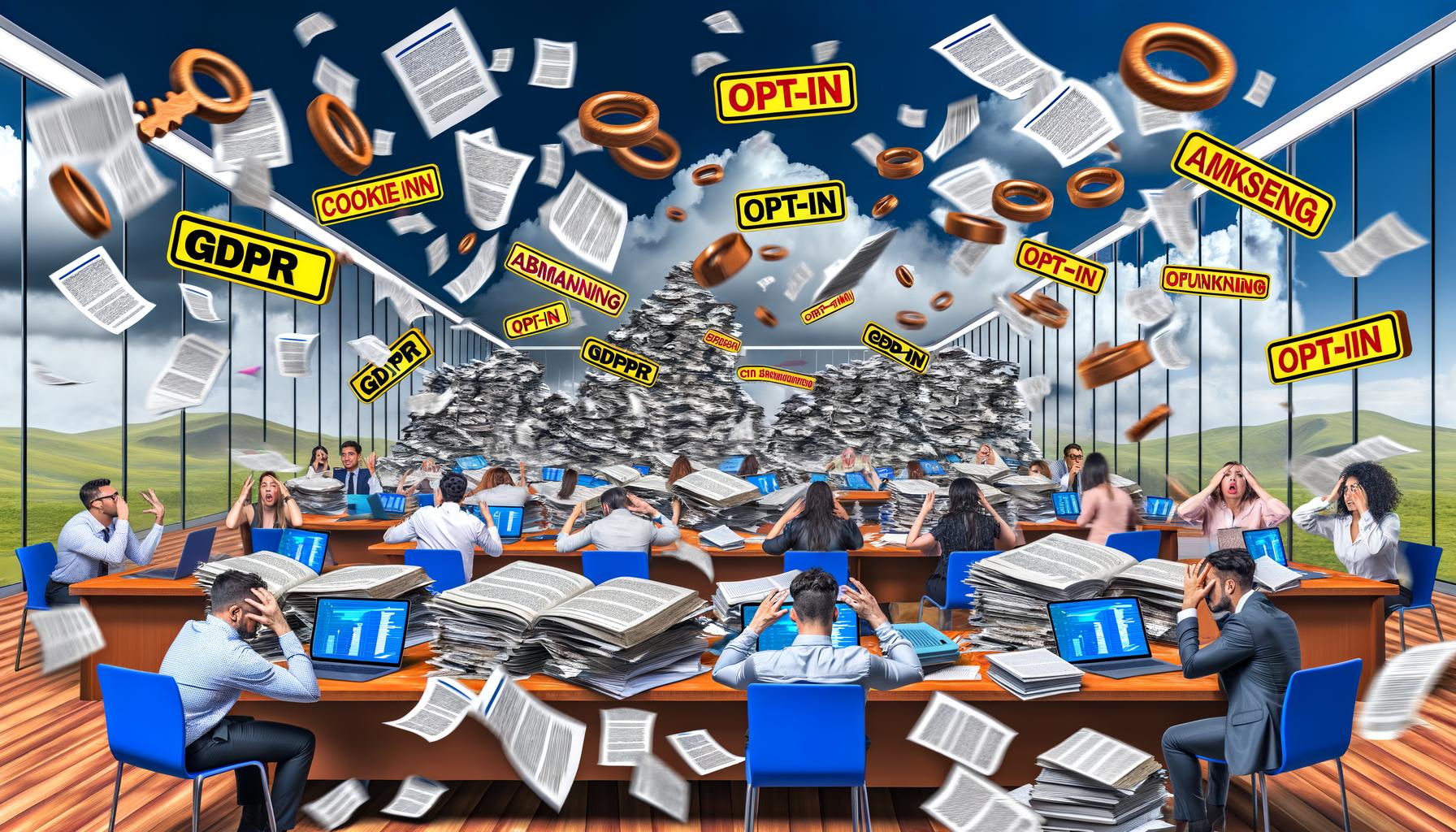 Frustrierte Marketing-Profis in einem chaotischen Großraumbüro voller Papierstapel, Laptops mit Cookie-Bannern, juristischer Literatur und Warnschildern zu DSGVO, Opt-in und Abmahnung vor einem lückenhaften Analytics-Dashboard.
